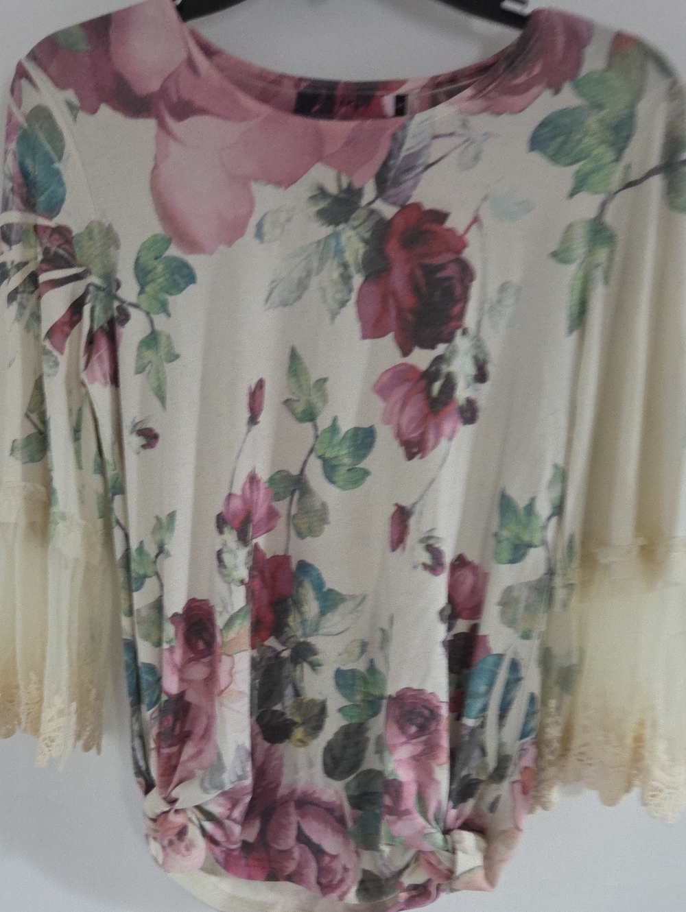 Y2K Floral Lace Bell Sleeve Women’s Top - Cream and Pink Size Small By Origami